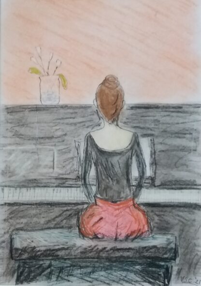 Pastel and ink drawing beautifully captures the elegance of a young woman playing the piano. Check out our large selection of art for sale