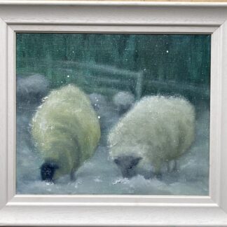 This captivating painting, "Sheep in the Snow," beautifully captures the serene and peaceful essence of winter in the Irish countryside. The delicate brushstrokes bring to life a group of sheep huddled together in a snowy landscape, evoking a sense of warmth and tranquility amidst the cold. The soft, muted colors of the snow contrast with the rich textures of the sheep's wool, creating a visually striking composition that celebrates the quiet beauty of rural Ireland in winter. This artwork is perfect for those who appreciate pastoral scenes and the charm of the Irish landscape.