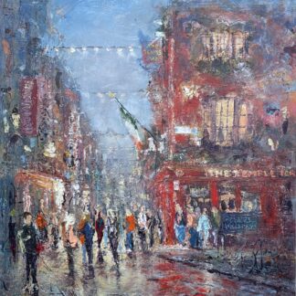 vibrant and bustling painting of Dublin’s famous Temple Bar district with this stunning impressionist painting,