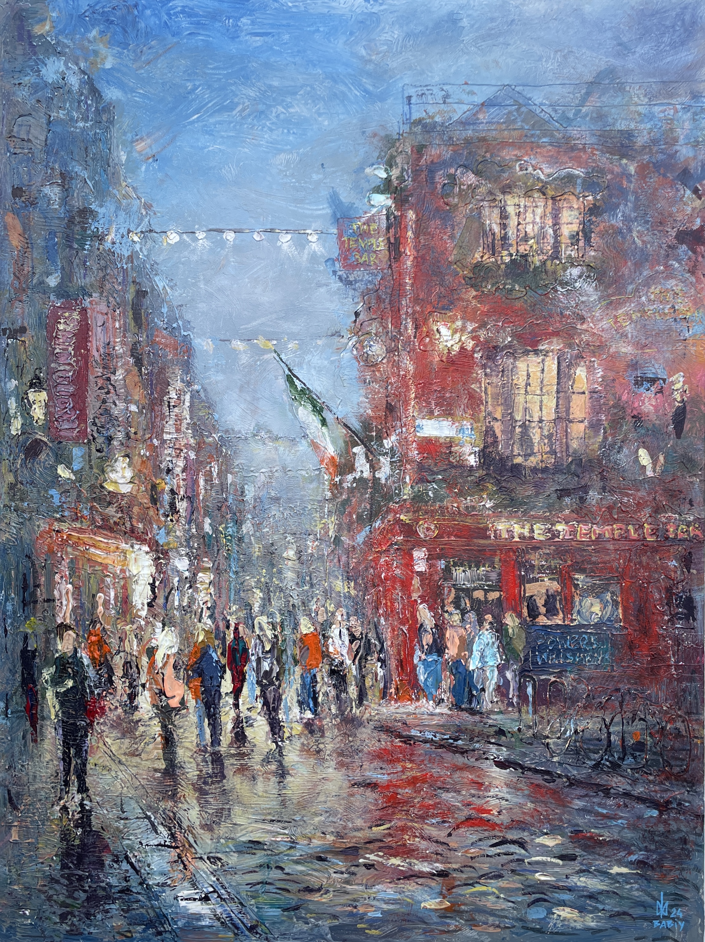 vibrant and bustling painting of Dublin’s famous Temple Bar district with this stunning impressionist painting,