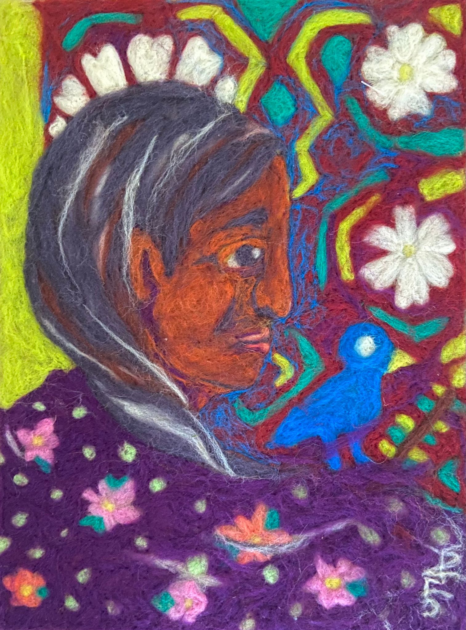 This vibrant felting figurative painting captures the emotional and complex theme of migration through its rich textures and bold colors. for sale