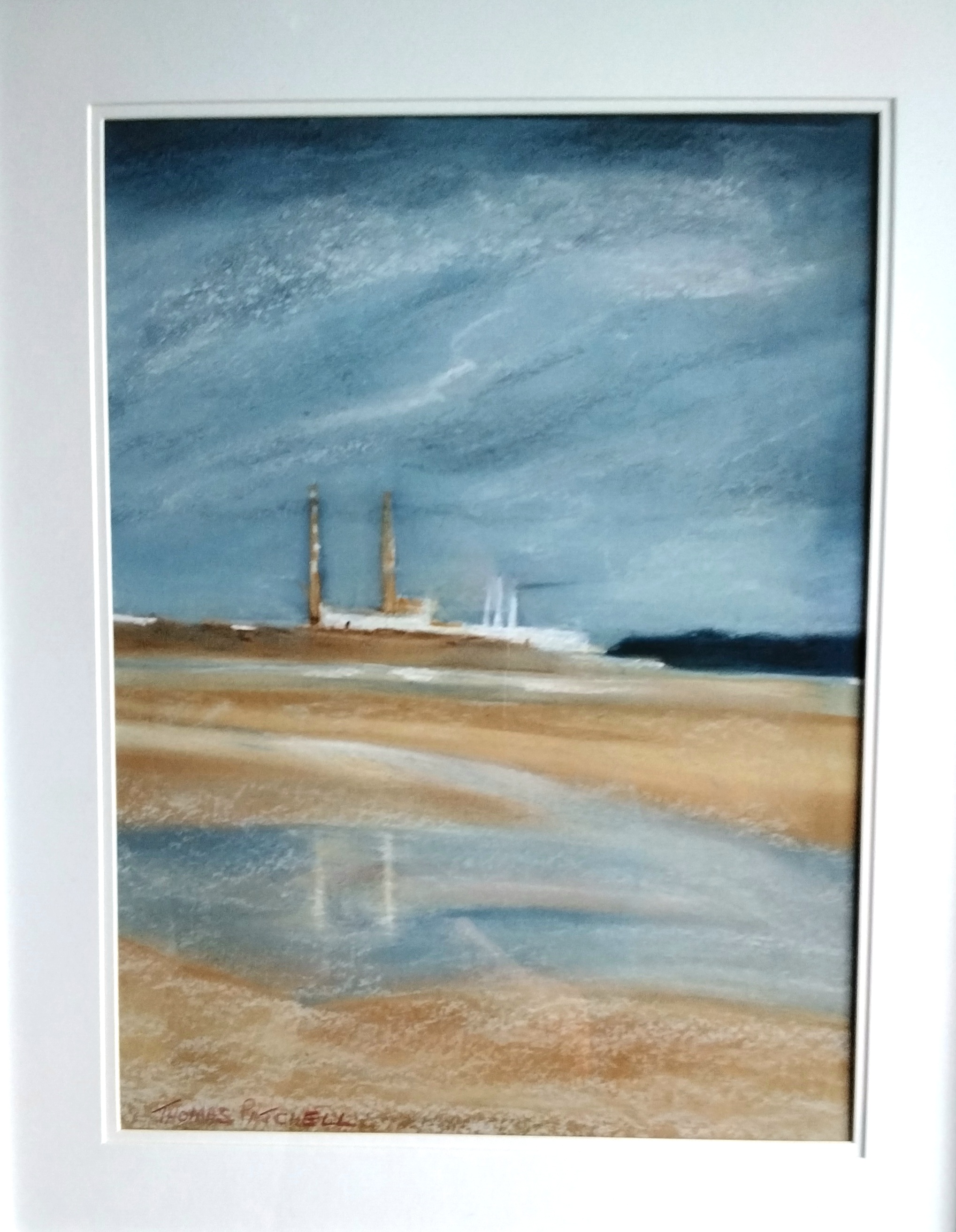 Poolbeg Chimneys" is an original soft pastel drawing that beautifully captures the peaceful ambiance of a summer in Dublin Bay, Ireland.