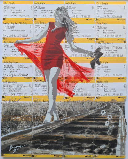 Johnman's renowned train ticket artworks depicting a young woman walking along a railway line, with her hair and red dress blowing in the wind while she carries her black, high-heeled shoes in her hand.