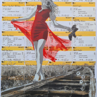 Johnman's renowned train ticket artworks depicting a young woman walking along a railway line, with her hair and red dress blowing in the wind while she carries her black, high-heeled shoes in her hand.