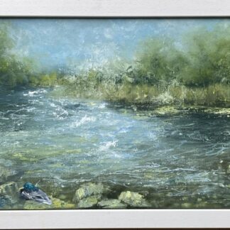 This Irish landscape painting beautifully depicts a serene lake scene with ducks gracefully gliding across the water.