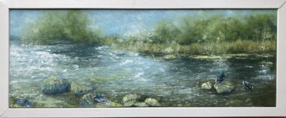 This Irish landscape painting beautifully depicts a serene lake scene with ducks gracefully gliding across the water.