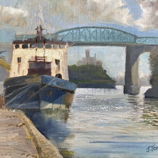 Plein air painting of a rusty old dredger boat docked at Drogheda Port in Co. Louth called the Hebble Sand.