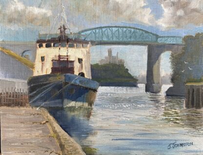 Plein air painting of a rusty old dredger boat docked at Drogheda Port in Co. Louth called the Hebble Sand.