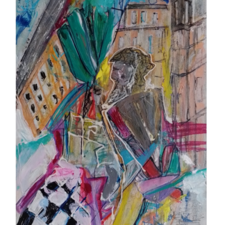 Pop Art impressionist painting of Piazza Navona with a Greek statue in Rome, Italy on stretched canvas.