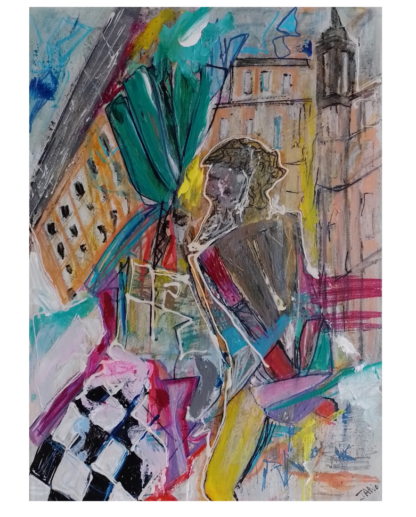 Pop Art impressionist painting of Piazza Navona with a Greek statue in Rome, Italy on stretched canvas.