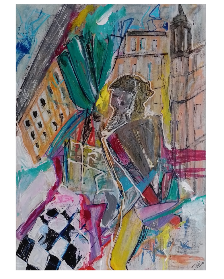 Pop Art impressionist painting of Piazza Navona with a Greek statue in Rome, Italy on stretched canvas.