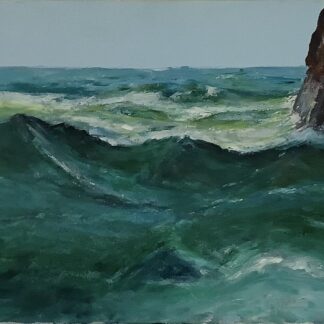 Seascape painting titled Watersedge, depicting a sunny day with ocean swells on the west coast of Ireland.