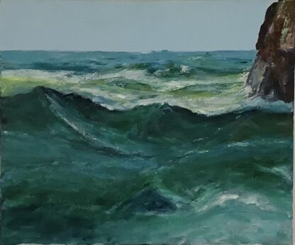 Seascape painting titled Watersedge, depicting a sunny day with ocean swells on the west coast of Ireland.