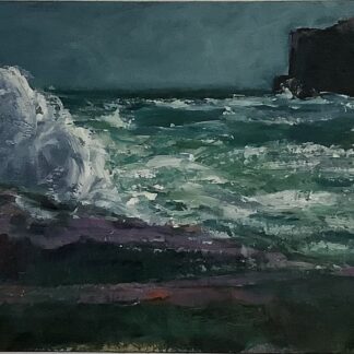 Seascape painting depicting a stormy day on the west coast of Ireland, with dark clouds, crashing waves, and rugged cliffs