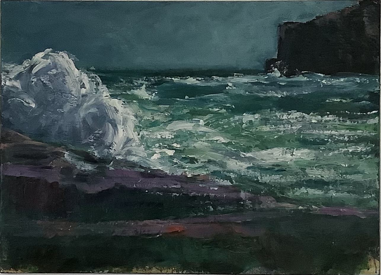 Seascape painting depicting a stormy day on the west coast of Ireland, with dark clouds, crashing waves, and rugged cliffs