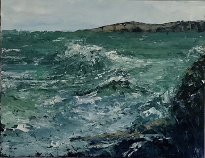 Seascape painting depicting the edge of Omey Island, looking towards High Island on the west coast of Ireland in Connemara