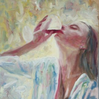 Figurative Oil painting of a woman having a glass of wine.