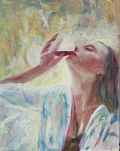 Figurative Oil painting of a woman having a glass of wine.