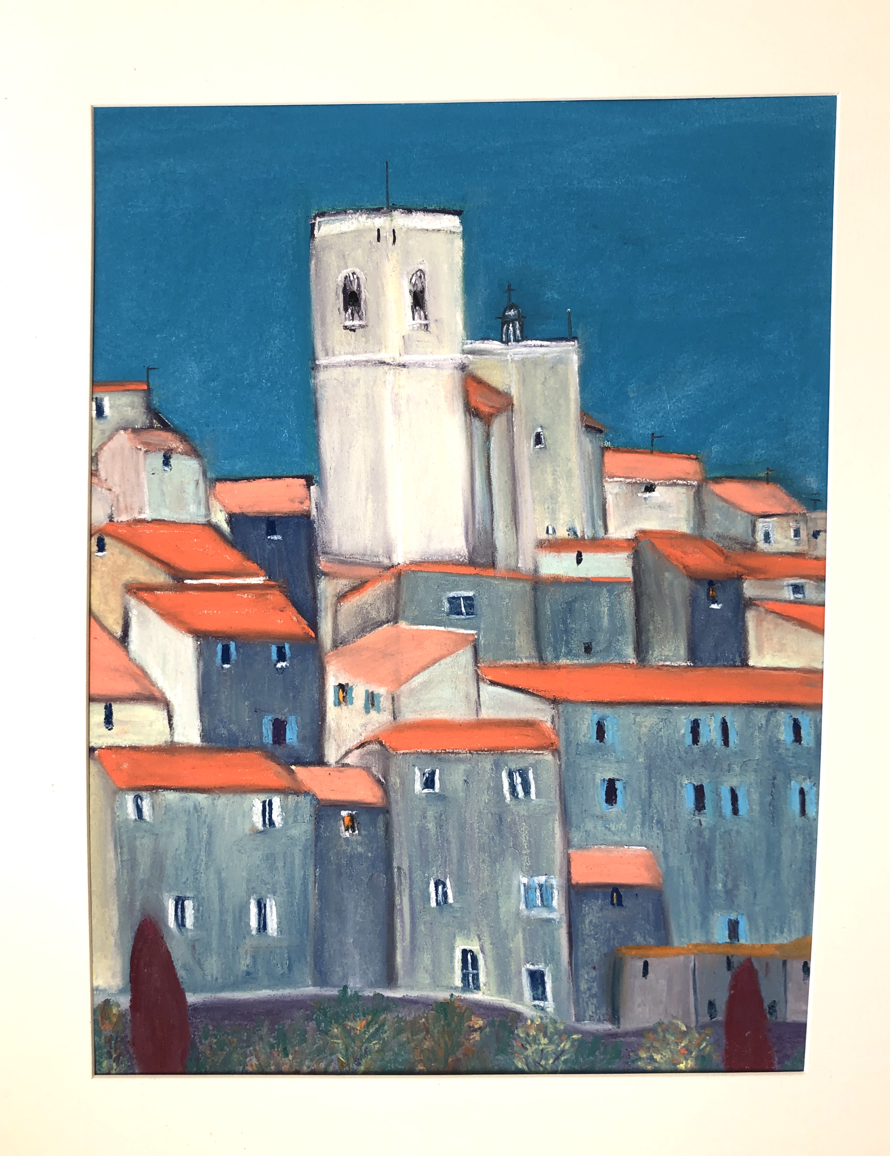 Original Framed Pastel drawing of Saint Paul de Vence, one of the oldest medieval towns on the French Riviera.