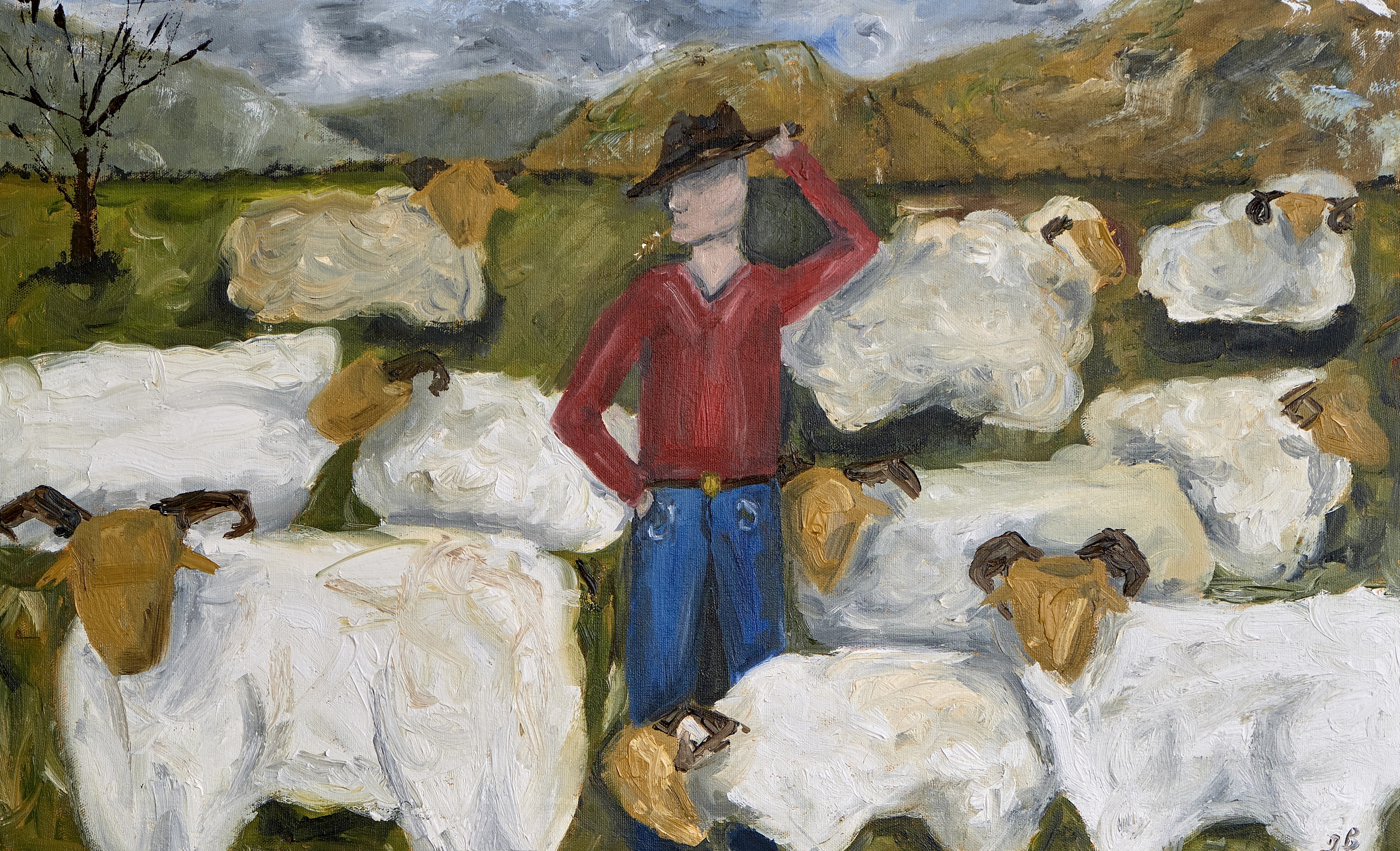 Experience ‘Cloud Shepherd,’ a whimsical oil painting featuring a farmer and a flock of cloud-like sheep set against rolling pastures and distant mountains