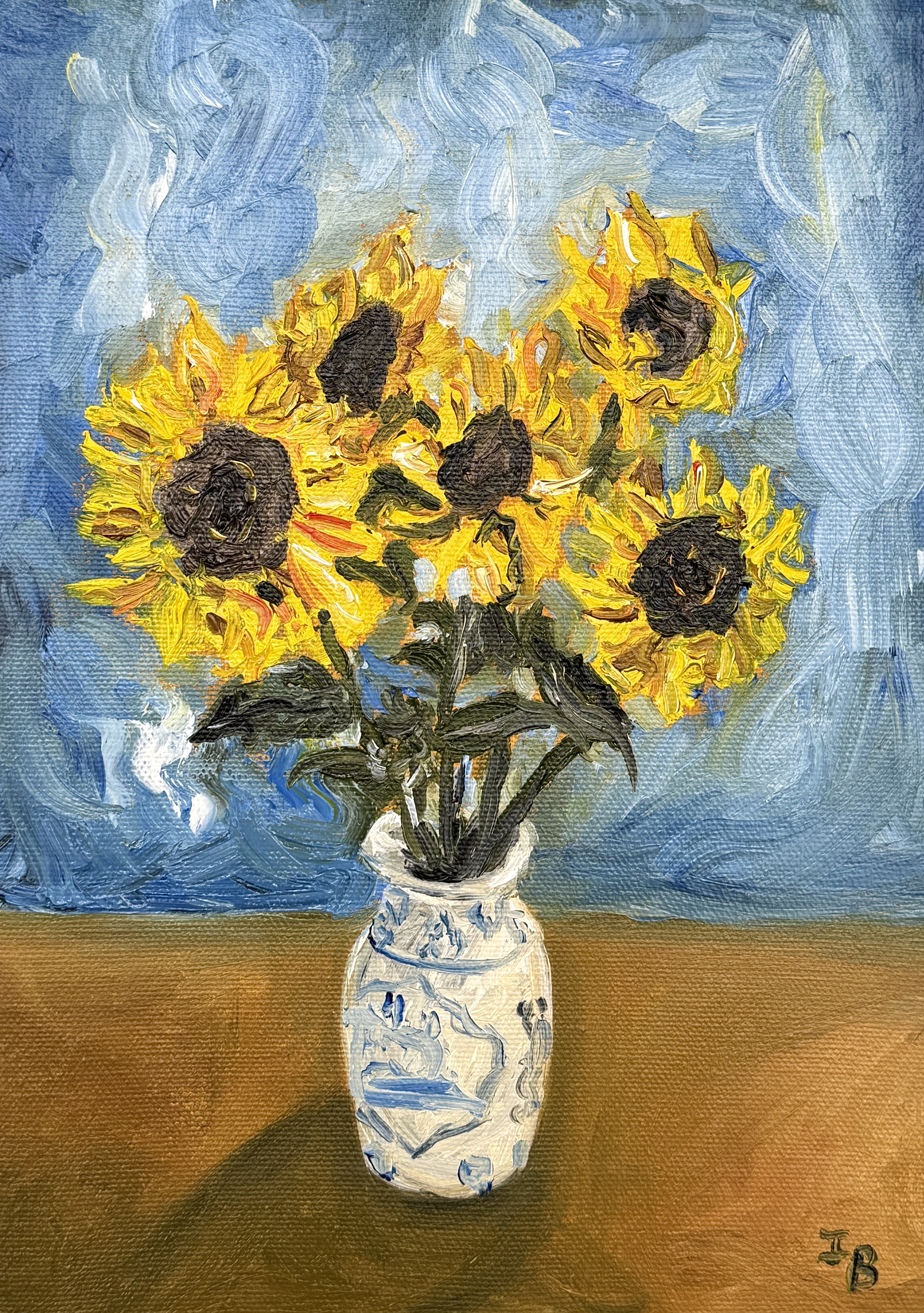 captivating oil painting featuring radiant sunflowers against a swirling blue backdrop—a vibrant statement piece for art lovers."