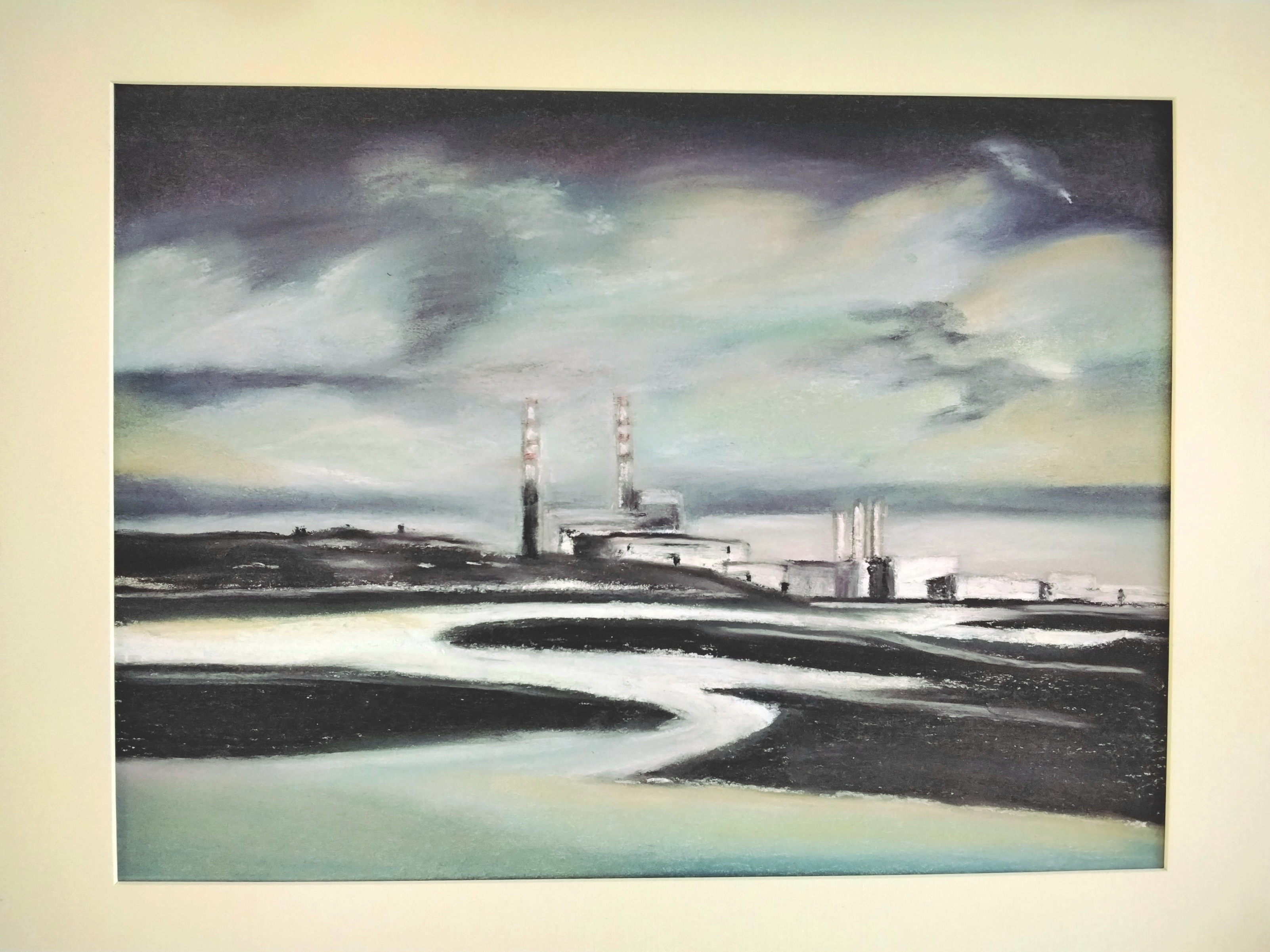 Standing Tall at Poolbeg,’ a striking painting of the city’s famed chimneys and coastal heritage—an industrial landmark immortalized in art."