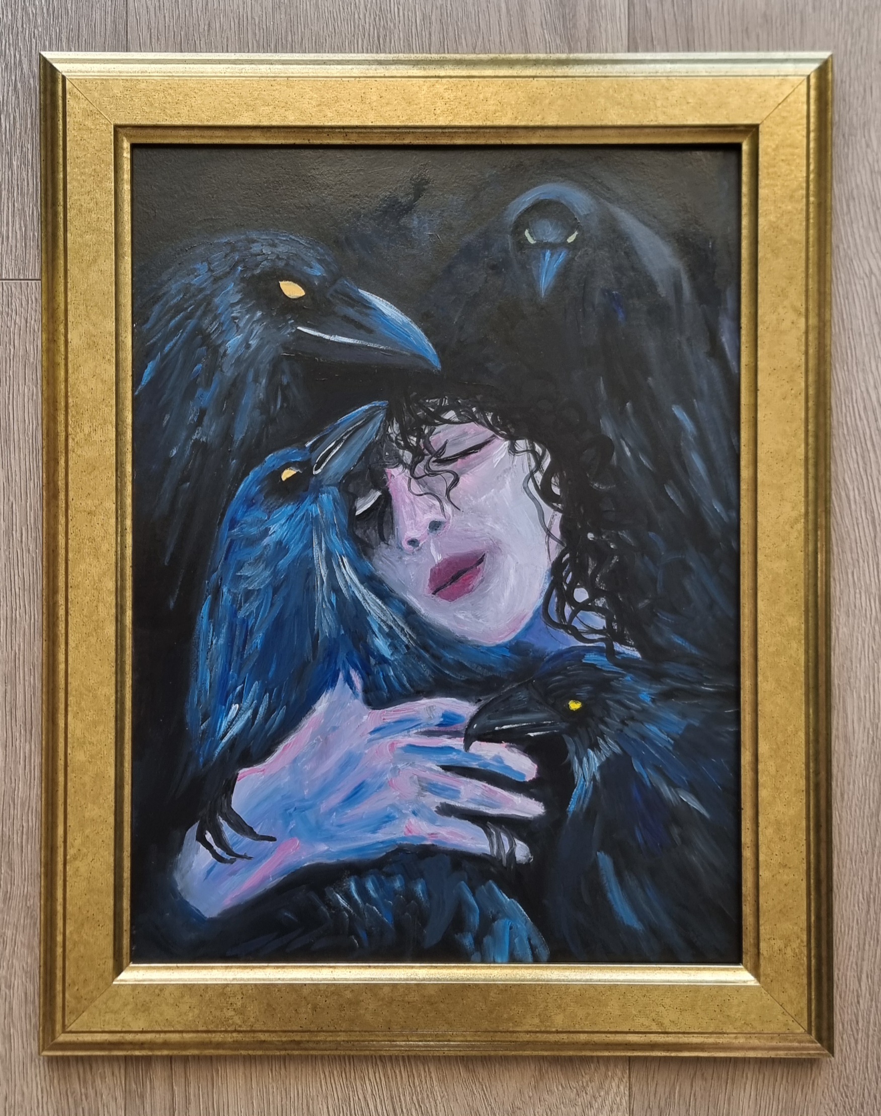 mesmerizing figurative crow painting for sale, symbolizing transformation and intrigue—an enchanting addition to your art collection."