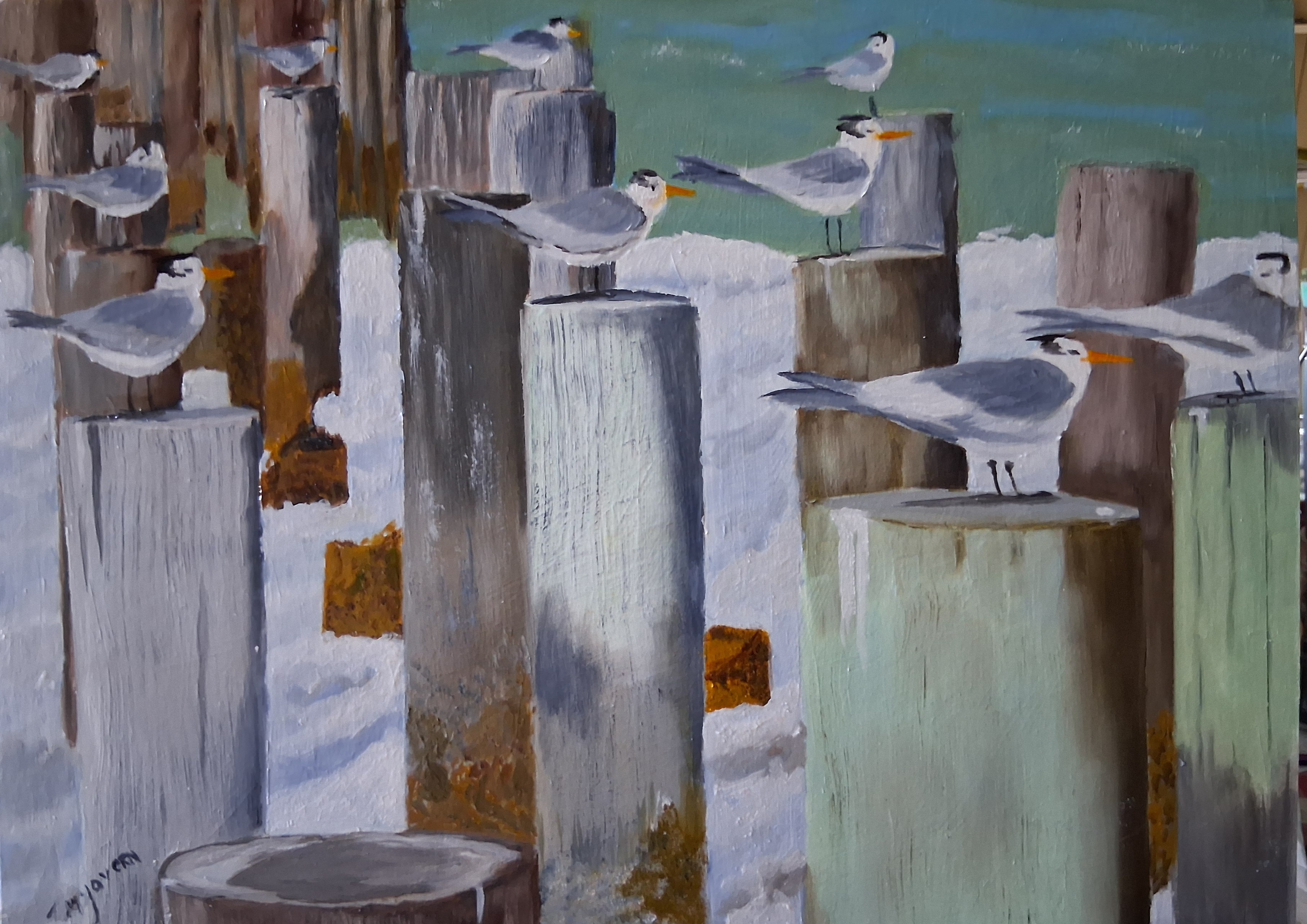 evocative bird painting capturing the serene charm of coastal Florida near Fort Myers, where birds rest on wooden groynes