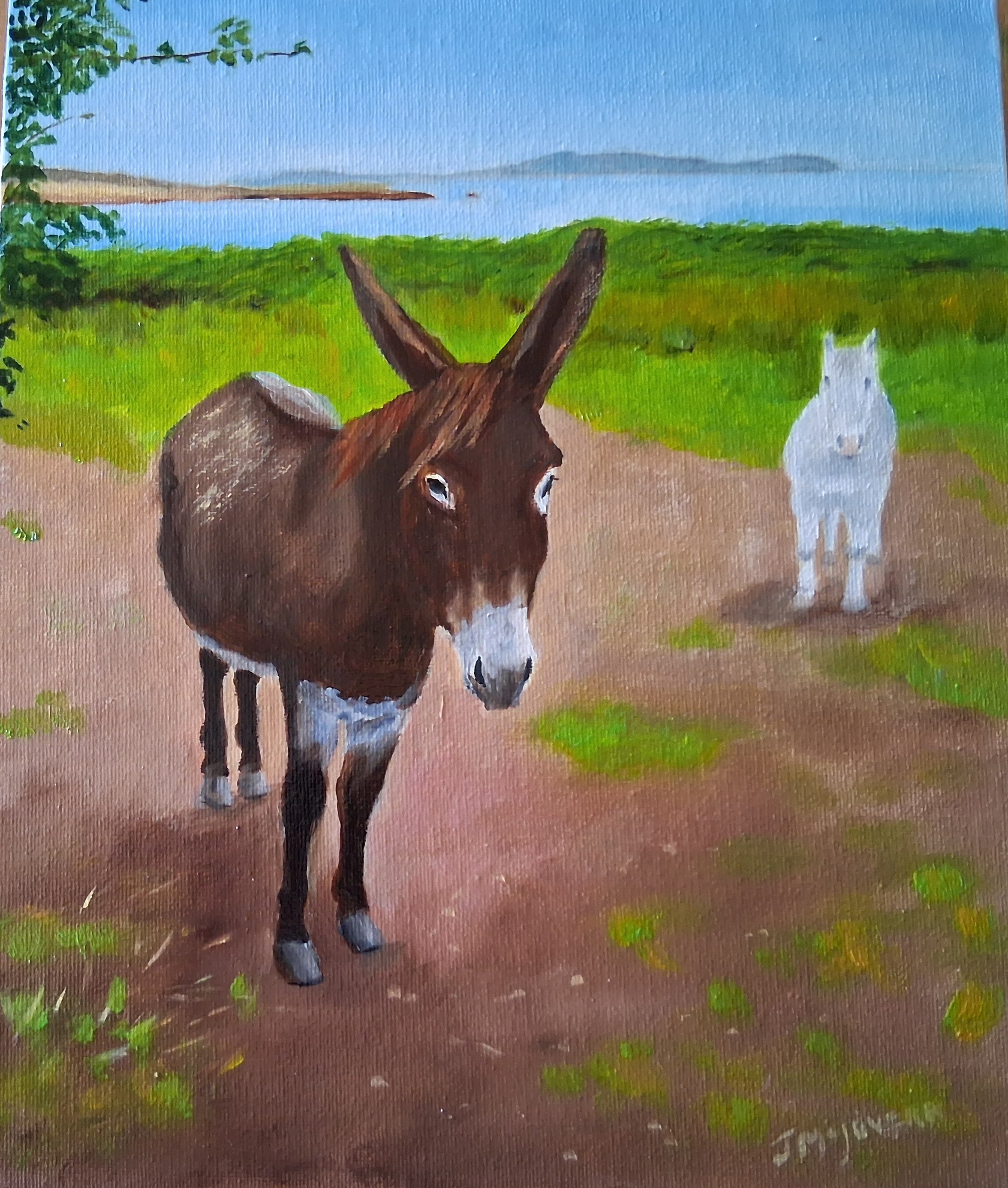 Experience the serene charm of a painting featuring two donkeys in a sprawling field, capturing the simplicity and warmth of countryside life