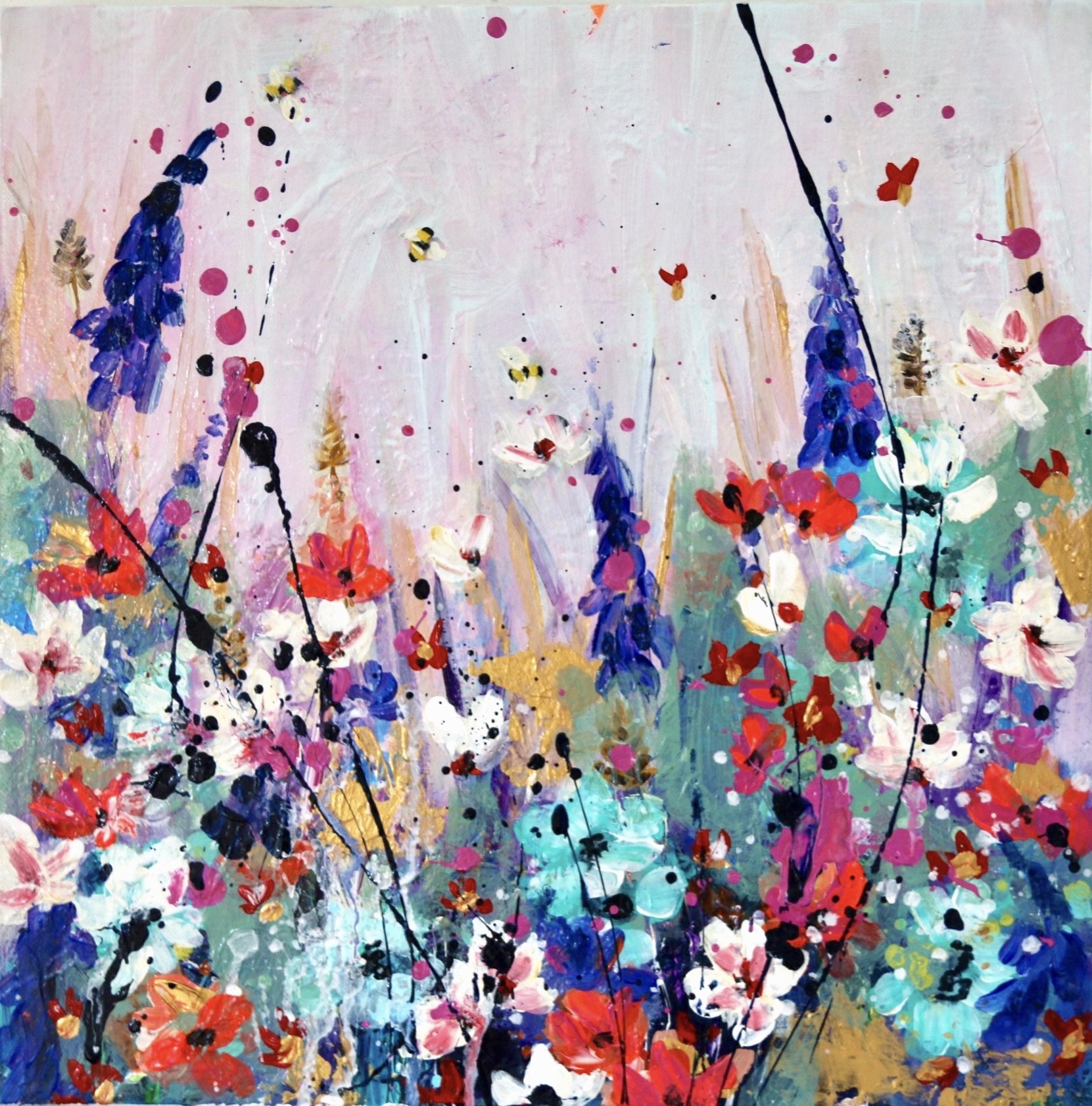 Abstract floral painting of wildflowers and bees.